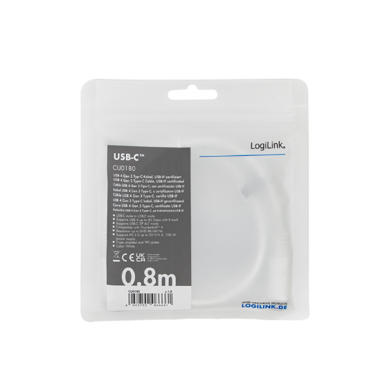 Slika Logilink USB 4 Gen 3x2 Type C cable, C/M na USB - C/M, E mark, PD, 8K, bela