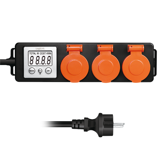 Slika Logilink produžni kabl outdoor 3 mesta, LCD displej potrošnje, 1.4m, IP44, crna